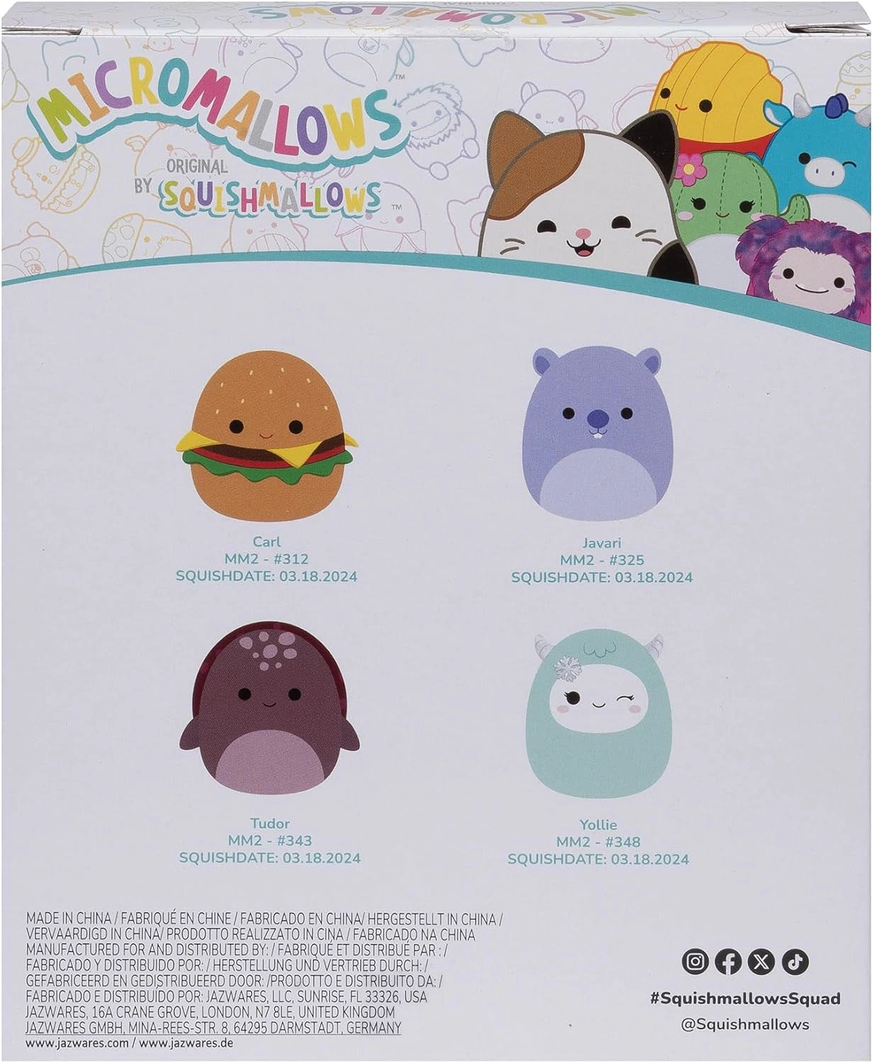 Jazwares | Squishmallows Micromallows: Carl, Yollie, Javari & Tudor | 4er Set Plush (6cm)